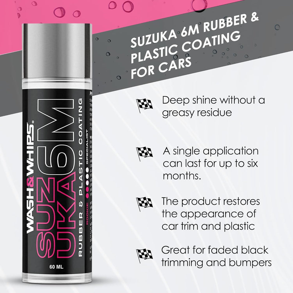 WASH&WHIPS Suzuka 6M Rubber & Plastic Coating for Cars, Restores and Brings Back Black - Concentrated Formula Non-Greasy, 60ml